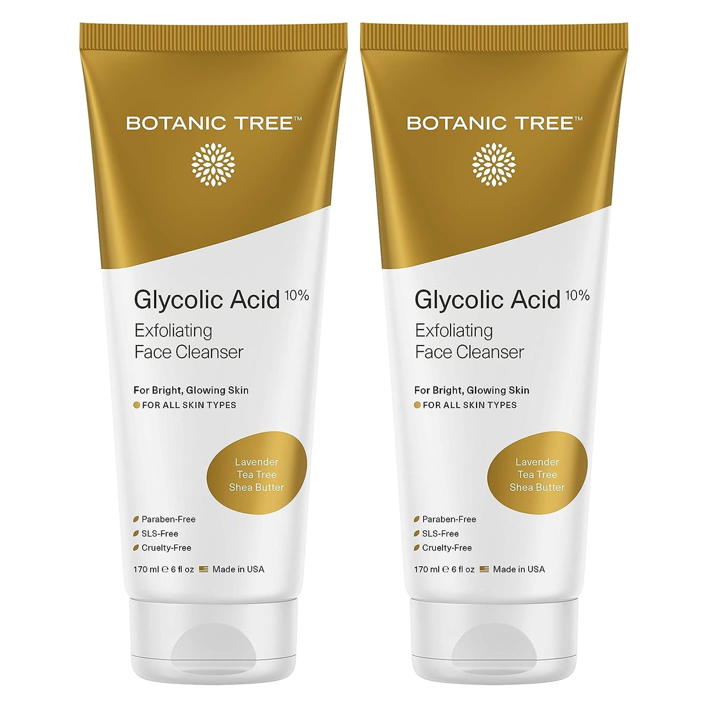 Botanic Tree Glycolic Acid Face Wash, Exfoliating Facial Cleanser For Facial Skin Care, Acne Treatment Face Scrub, 10% Glycolic and Salicylic Acid 6 fl. oz (2 pack)