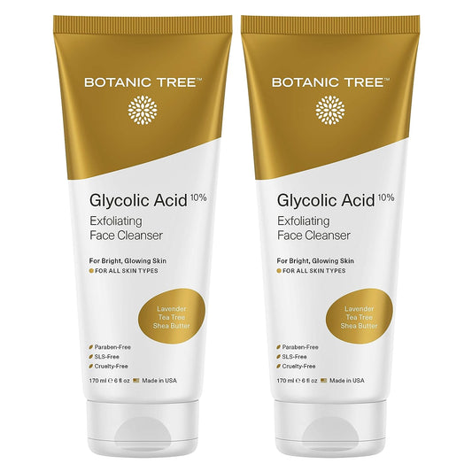 Botanic Tree Glycolic Acid Face Wash, Exfoliating Facial Cleanser For Facial Skin Care, Acne Treatment Face Scrub, 10% Glycolic and Salicylic Acid 6 fl. oz (2 pack)