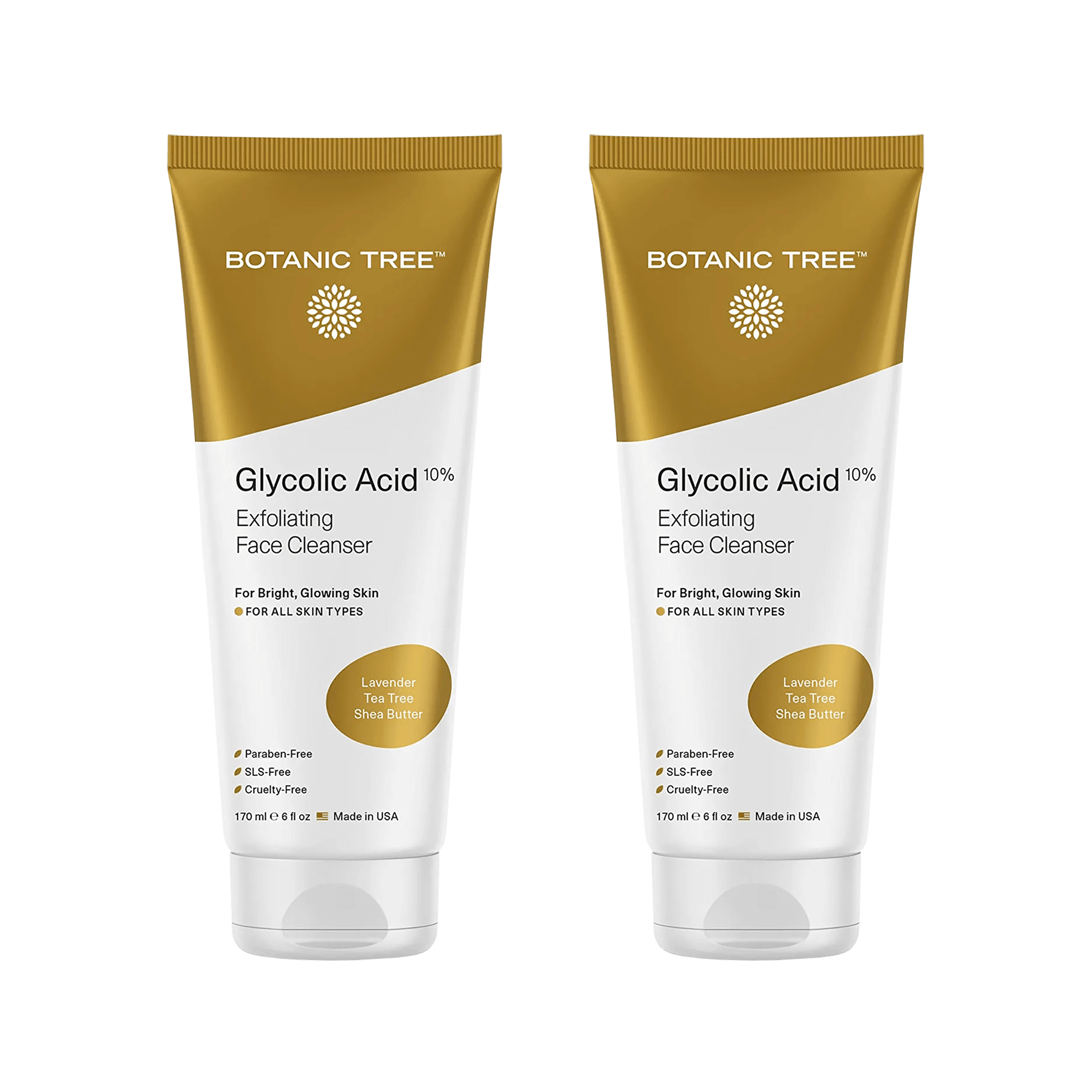 Botanic Tree Glycolic Acid Face Wash, Exfoliating Facial Cleanser For Facial Skin Care, Acne Treatment Face Scrub, 10% Glycolic and Salicylic Acid 6 fl. oz (2 pack)