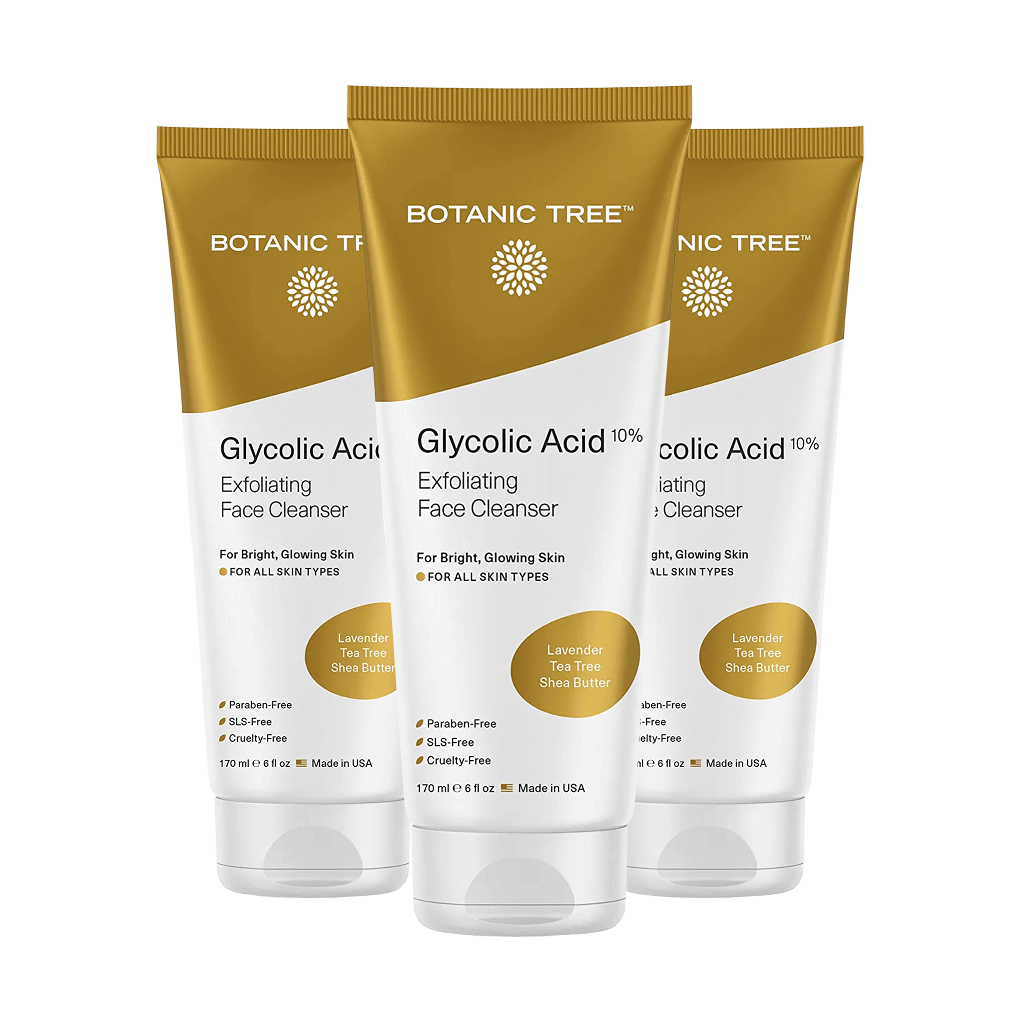 Botanic Tree Glycolic Acid Face Wash Travel Size (Pack of 3)- Facial Exfoliating Cleanser w/ 10% Glycolic Acid- Organic Anti Aging AHA Peel for Acne, Wrinkle Reduction-Natural Skin Facewash Scrub for Cystic Acne.