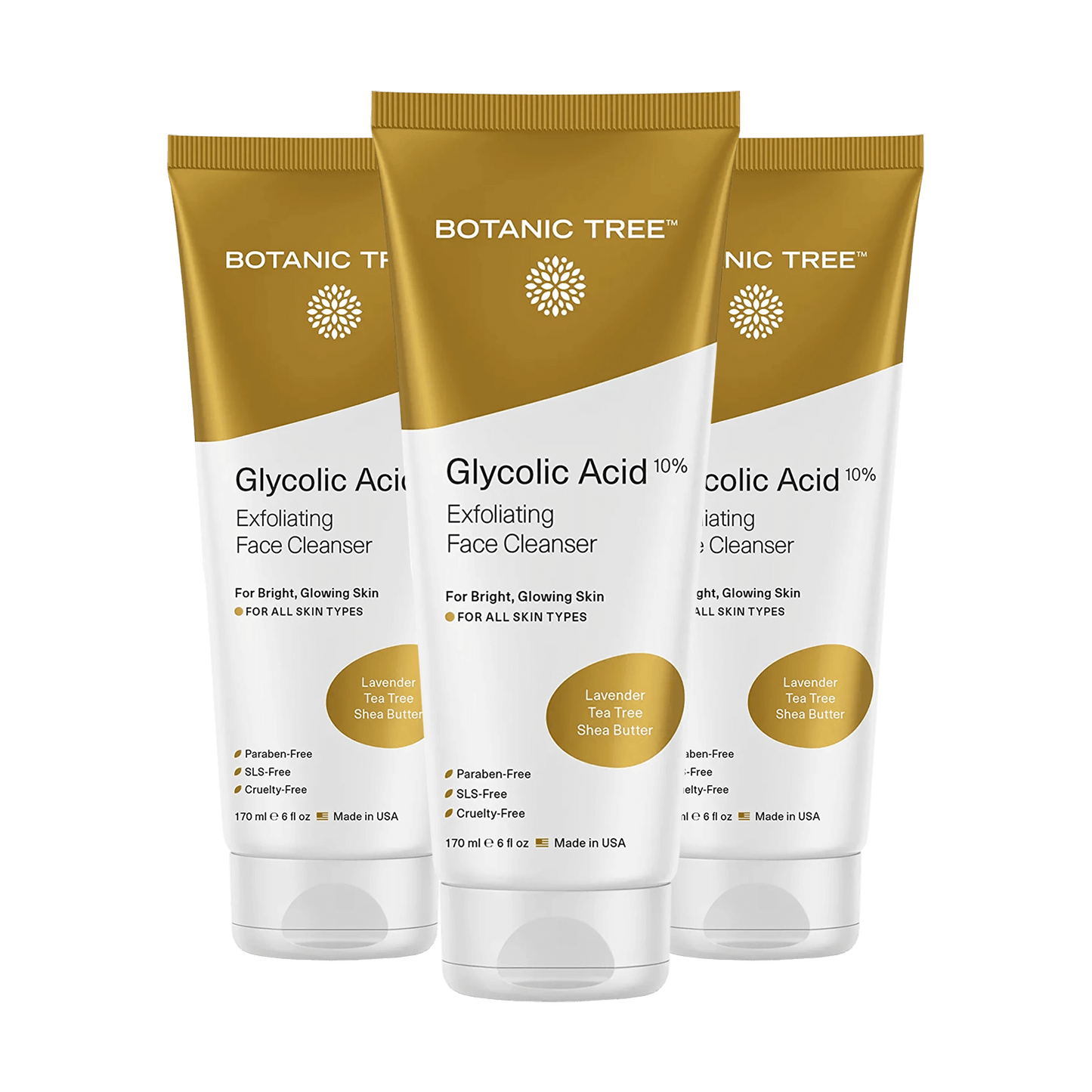 Botanic Tree Glycolic Acid Face Wash Travel Size (Pack of 3)- Facial Exfoliating Cleanser w/ 10% Glycolic Acid- Organic Anti Aging AHA Peel for Acne, Wrinkle Reduction-Natural Skin Facewash Scrub for Cystic Acne.